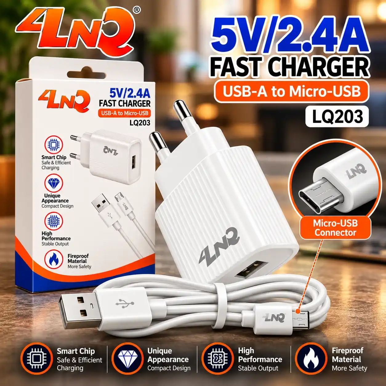 LINQ LQ203 carregador 5V 2.4A com cabo USB-A para Micro-USB